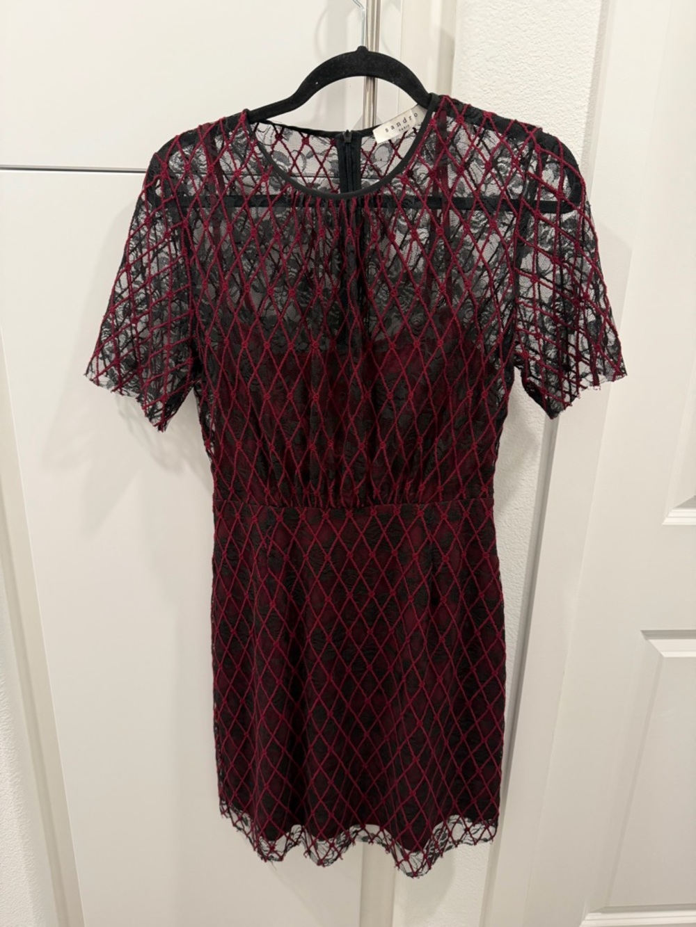 Sandro Black and Burgundy Diamond Lace Mini Dress